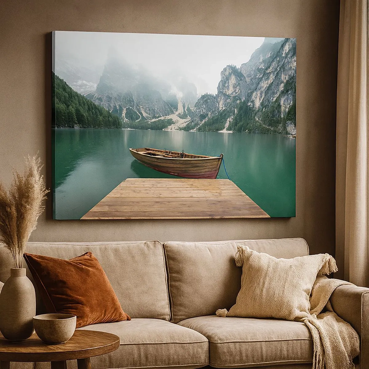 Canvas picture - A wooden boat at a pier on a lake surrounded by mountains - 70x50cm - Boat Found Solitude - Modern wall decoration for the living room and bedroom ARTTOR