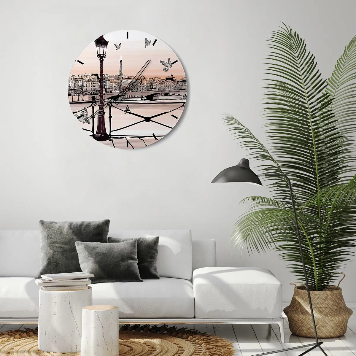 Wall clock - Clock on glass - A lantern, pigeons and the panorama of Paris at sunset - 30x30cm - Over the Roofs of Paris - Modern wall decoration for the living room, kitchen, and bedroom ARTTOR