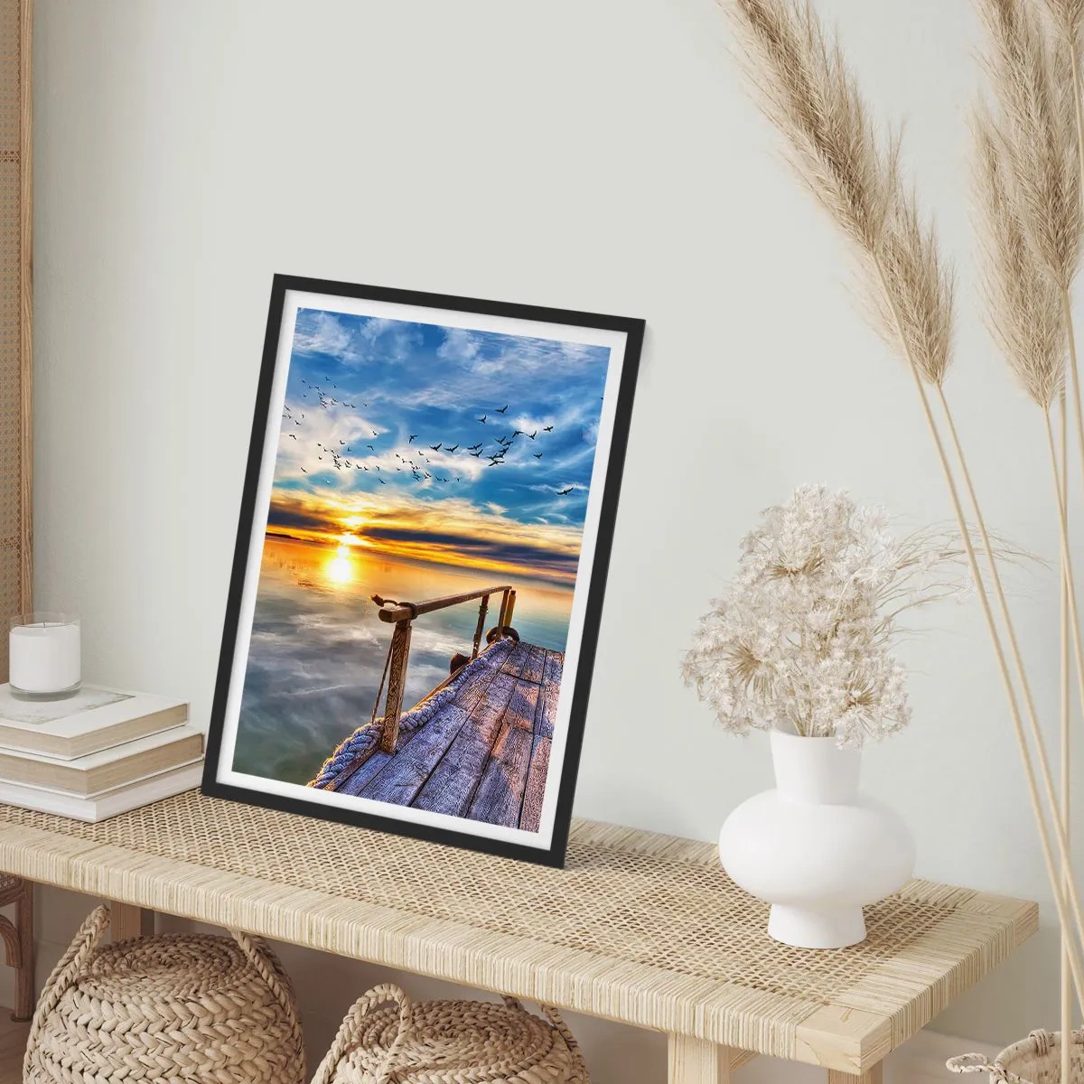Poster in black frame - Wooden jetty over the lake at sunset - 50x70cm - Wind is Taking a Break - Modern wall decoration for the living room and bedroom ARTTOR