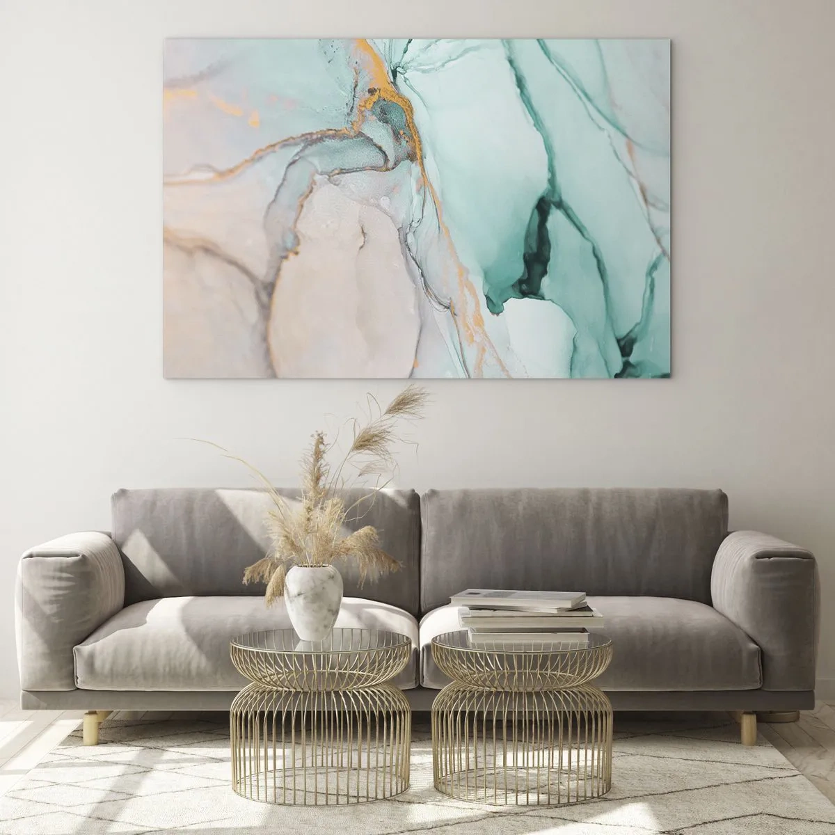 Glass picture - An abstract composition in shades of turquoise and gold. - 70x50cm - Dance of Shapes and Colours - Modern wall decoration for the living room and bedroom ARTTOR