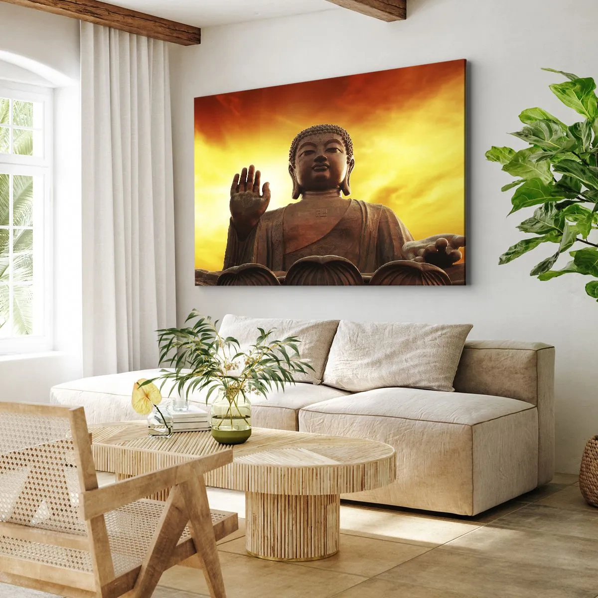 Canvas picture - A Buddha statue against a golden sunset sky - 70x50cm - Peace of the World - Modern wall decoration for the living room and bedroom ARTTOR