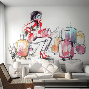 Photo Wallpaper Premium Canvas - Let's Sit down before Travel - Woman, Trip, Suitcase - 100x70 cm