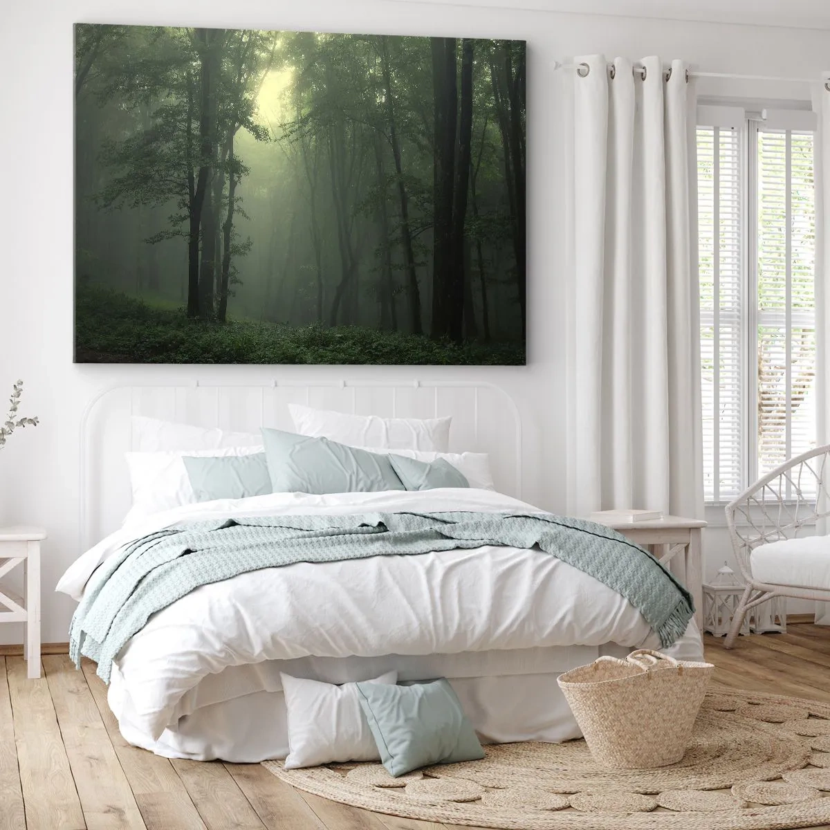 Canvas picture - A green forest in the morning shrouded in a delicate fog - 70x50cm - Before It Wakes Up - Modern wall decoration for the living room and bedroom ARTTOR