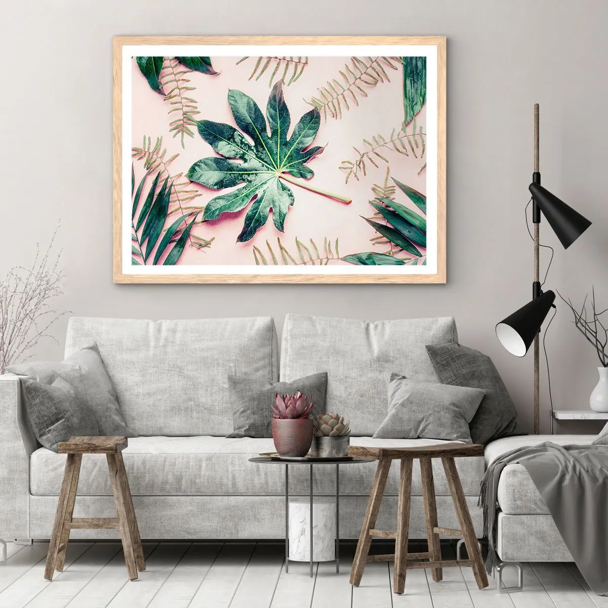 Poster in light oak frame - Study in Green on Pink Background - 40x30 cm