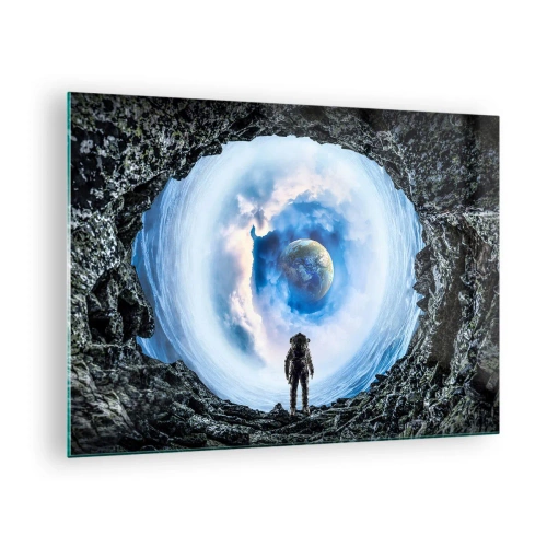 Glass picture - An astronaut looking at Earth from inside a rocky cave. - 70x50cm - Not Far from Home - Modern wall decoration for the living room and bedroom ARTTOR