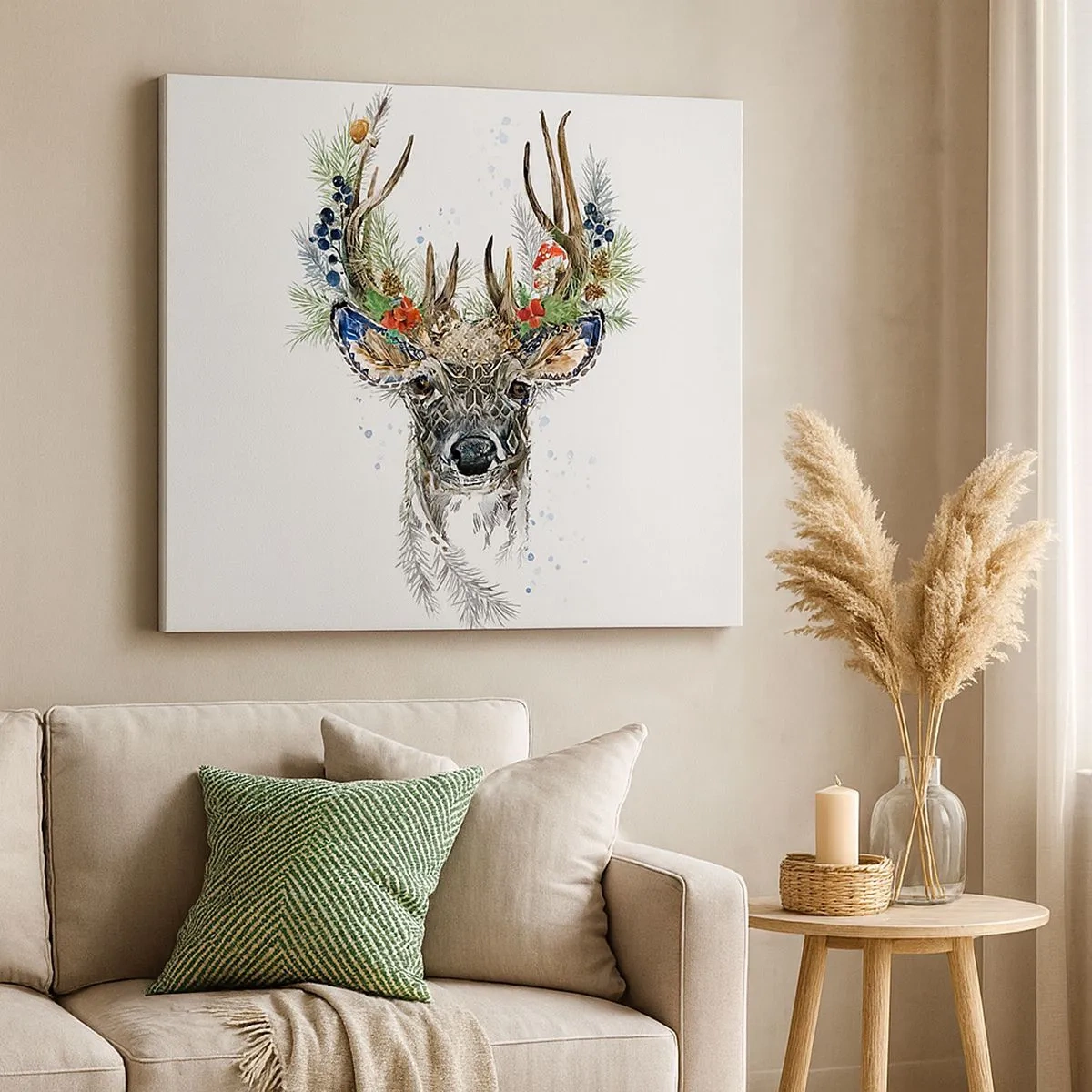 Canvas picture - Stylized deer with decorative antlers on a white background - 70x50cm - In Christmas Attire - Modern wall decoration for the living room and bedroom ARTTOR