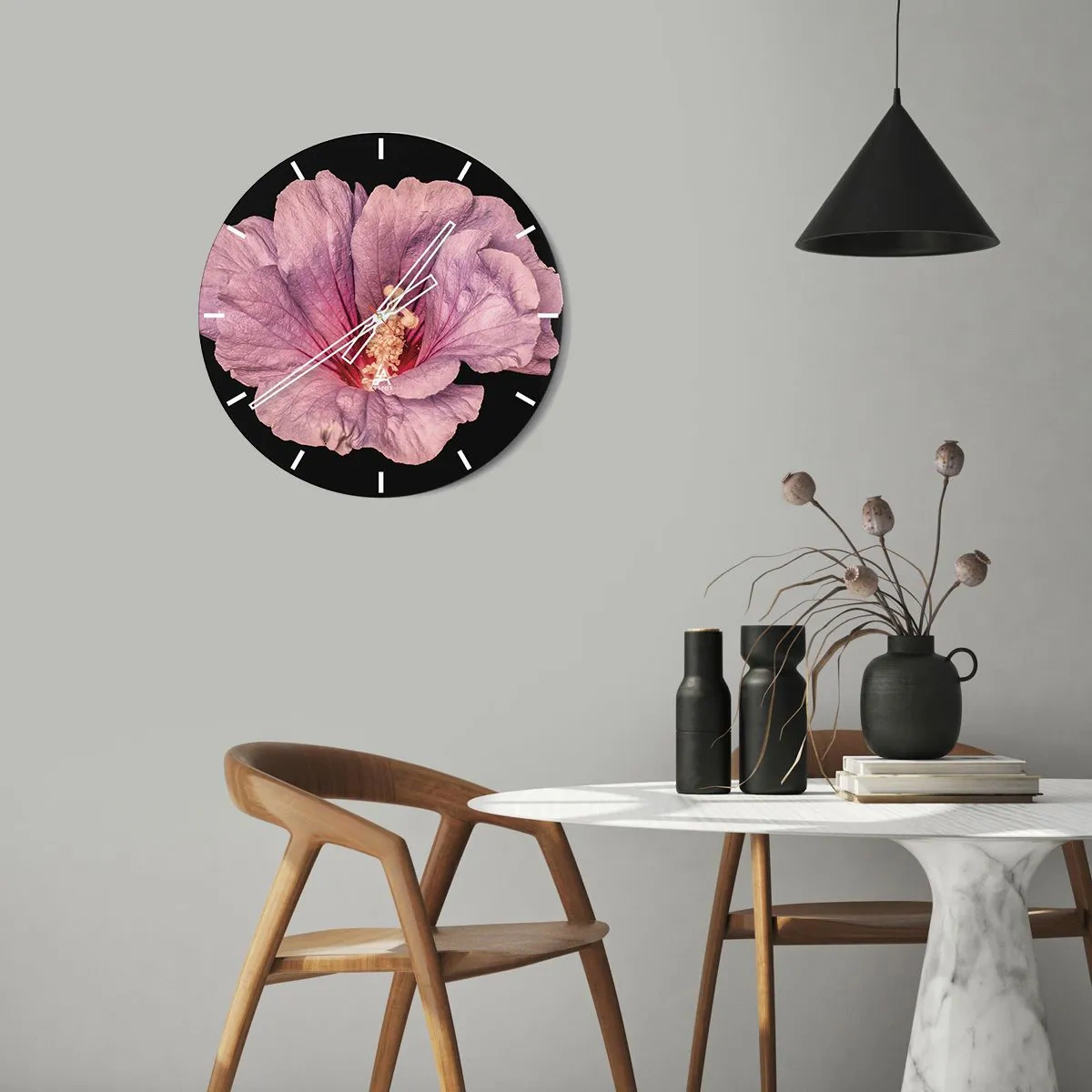 Wall clock - Clock on glass - Close-up of a hibiscus flower in delicate shades of pink - 30x30cm - Straight from the Heart - Modern wall decoration for the living room, kitchen, and bedroom ARTTOR