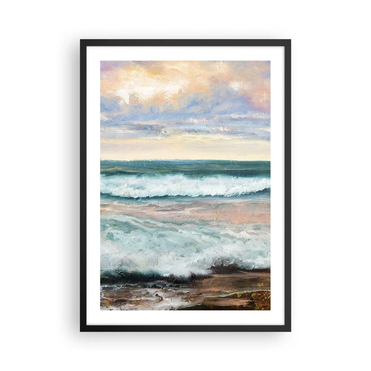Poster in black frame - Sea waves at sunset - 50x70cm - Here You Will Smooth Your Soul - Modern wall decoration for the living room and bedroom ARTTOR
