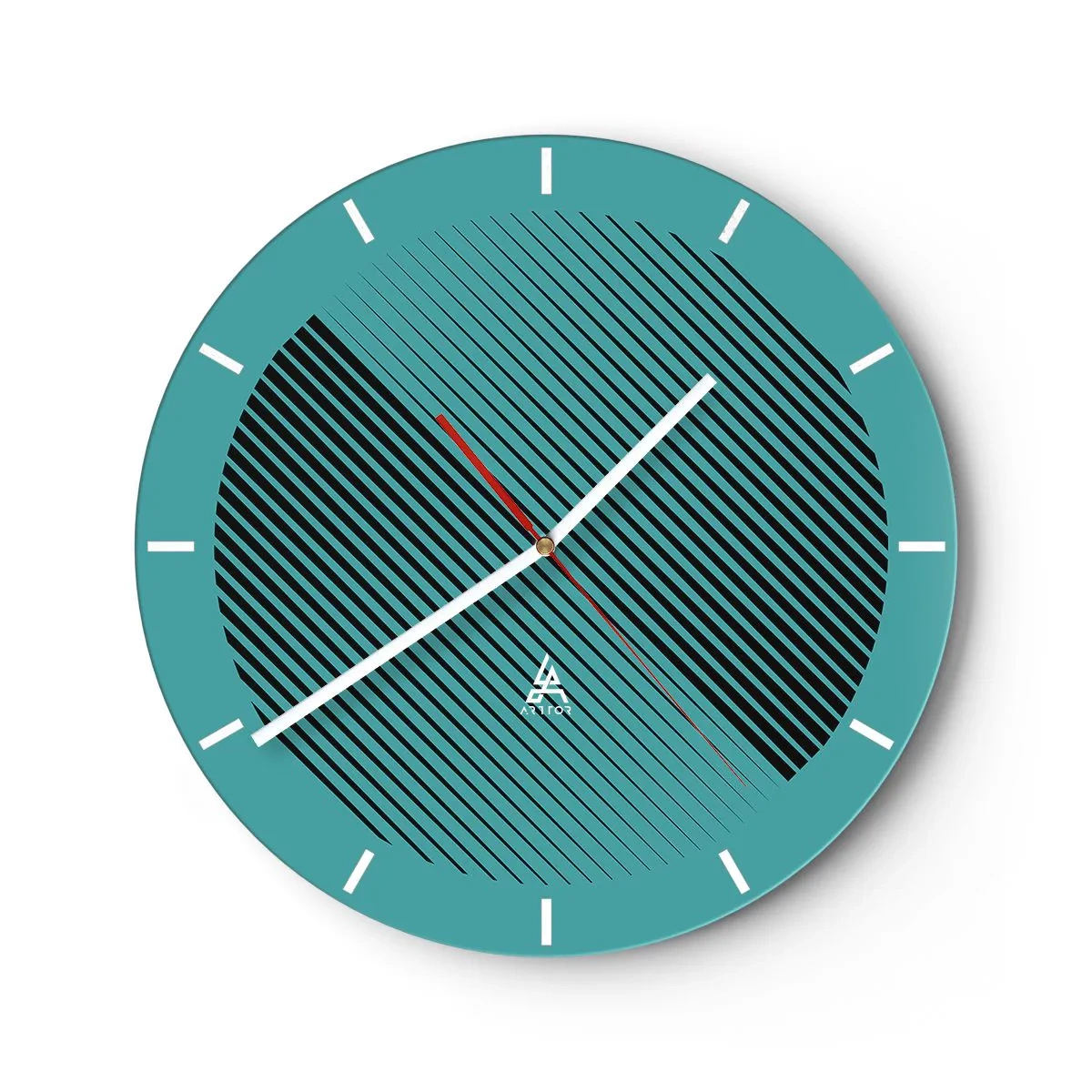 Wall clock - Clock on glass - Turquoise background with black diagonal lines in a geometric arrangement - 30x30cm - Circle - Geometrical Variation - Modern wall decoration for the living room, kitchen, and bedroom ARTTOR