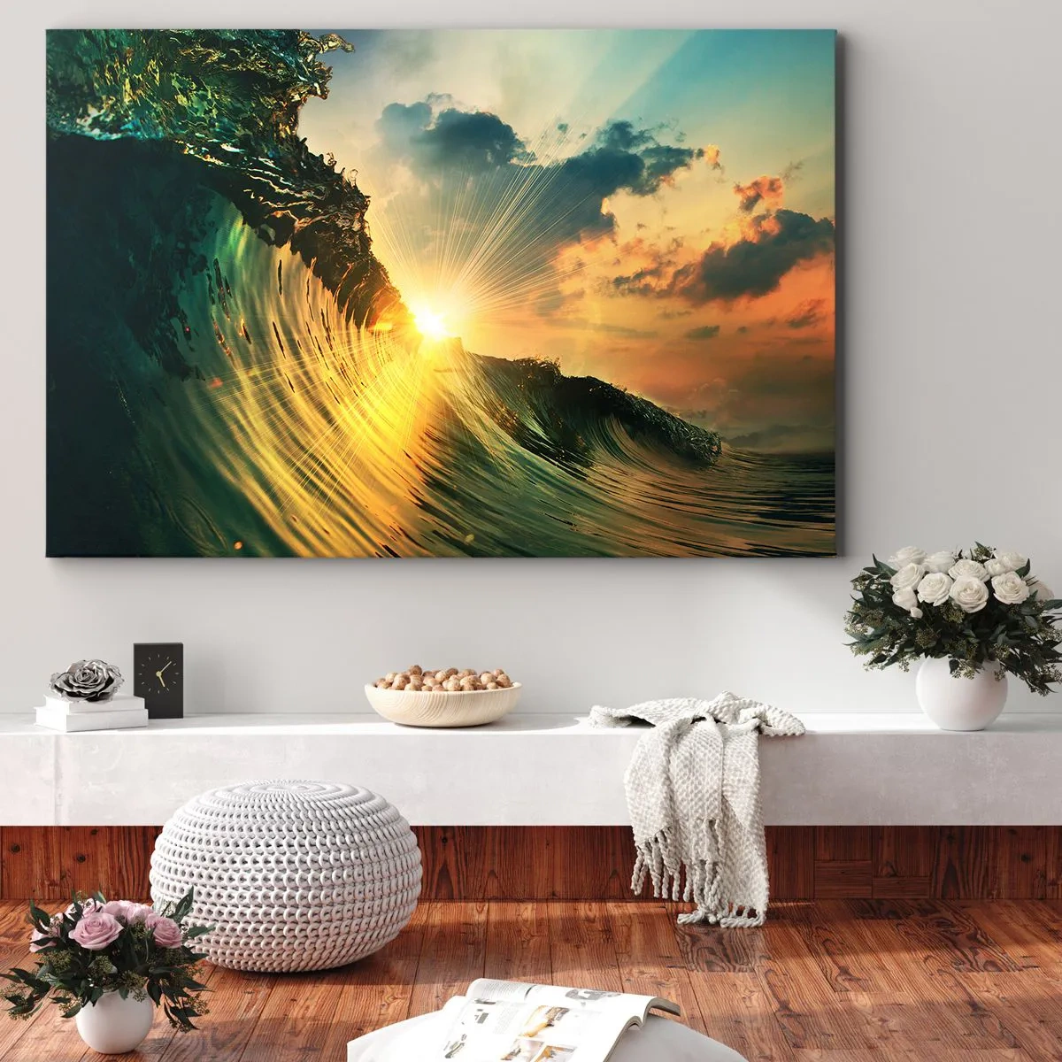 Canvas picture - A wave with the setting sun and illuminated clouds - 70x50cm - Surfer, Where Are You? - Modern wall decoration for the living room and bedroom ARTTOR