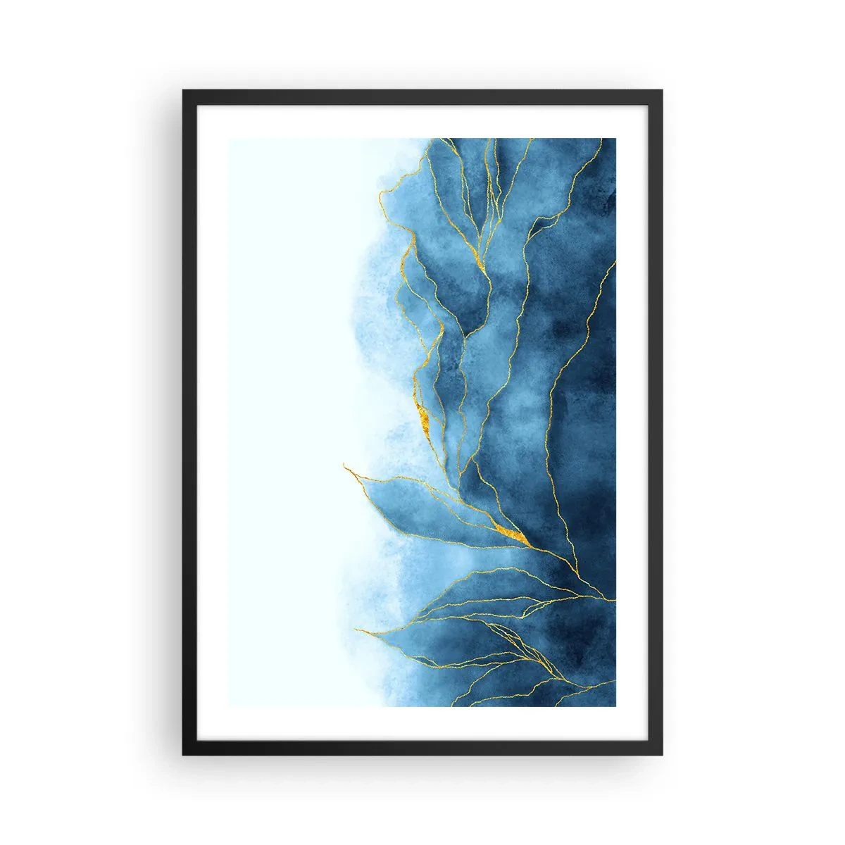 Poster in black frame - An abstract composition in shades of blue with golden lines. - 50x70cm - Blue In Gold - Modern wall decoration for the living room and bedroom ARTTOR