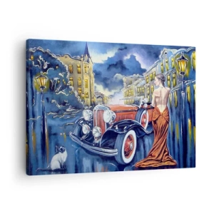 Canvas picture - A woman in an elegant dress by a retro car at night - 70x50cm - Nocturne in Blue and Coral - Modern wall decoration for the living room and bedroom ARTTOR