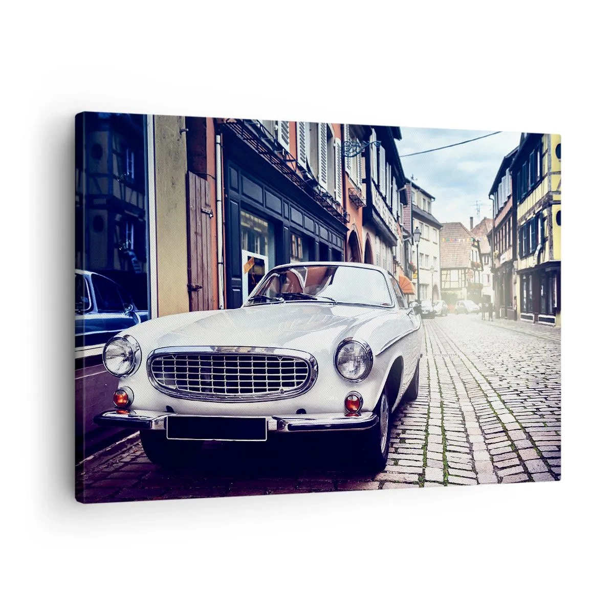 Canvas picture - A classic white car on a cobblestone city street - 70x50cm - The Past Is Today - Modern wall decoration for the living room and bedroom ARTTOR