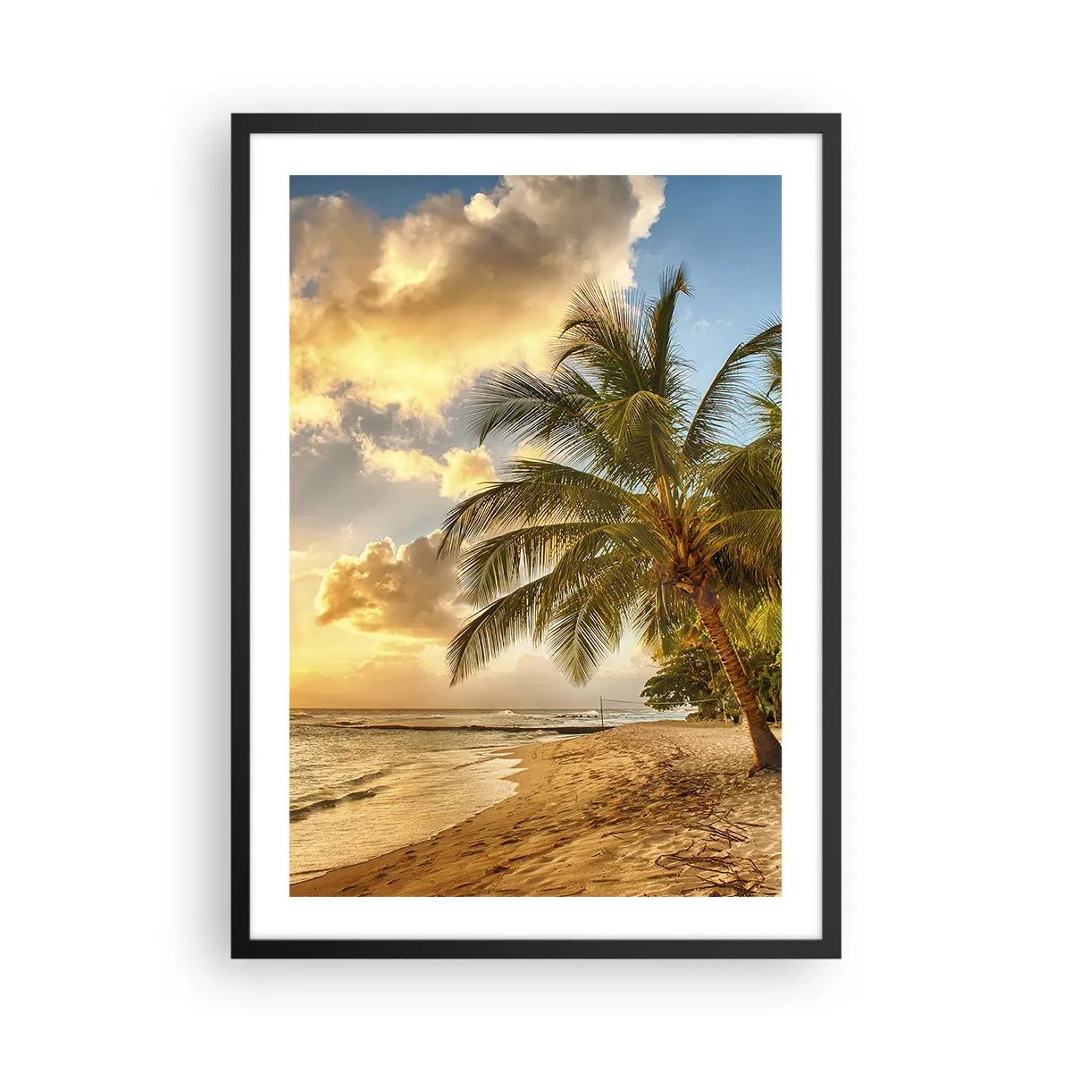 Poster in black frame - Beach with palm trees and a golden sunset - 50x70cm - Eternal Summer, Always Holidays - Modern wall decoration for the living room and bedroom ARTTOR