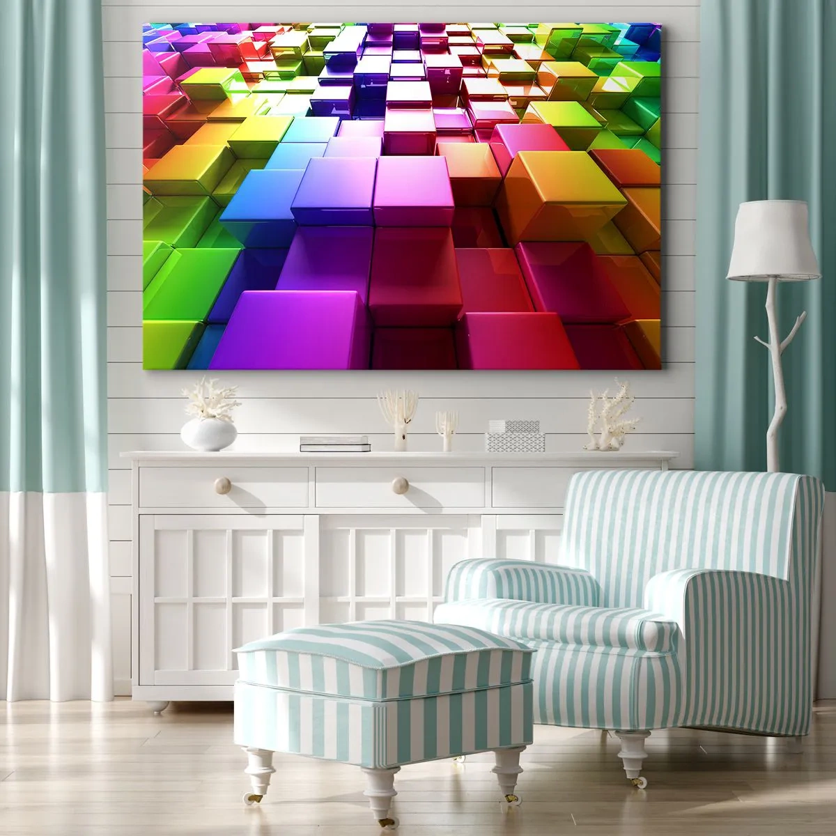 Canvas picture - Colorful 3D geometric cubes - 70x50cm - Optical Harmony - Modern wall decoration for the living room and bedroom ARTTOR