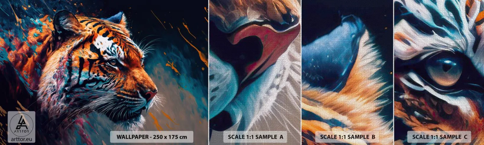 Photo Wallpaper Sample Premium Canvas - Wild Beauty - Tiger, Colorful, Animal - 100x30 cm