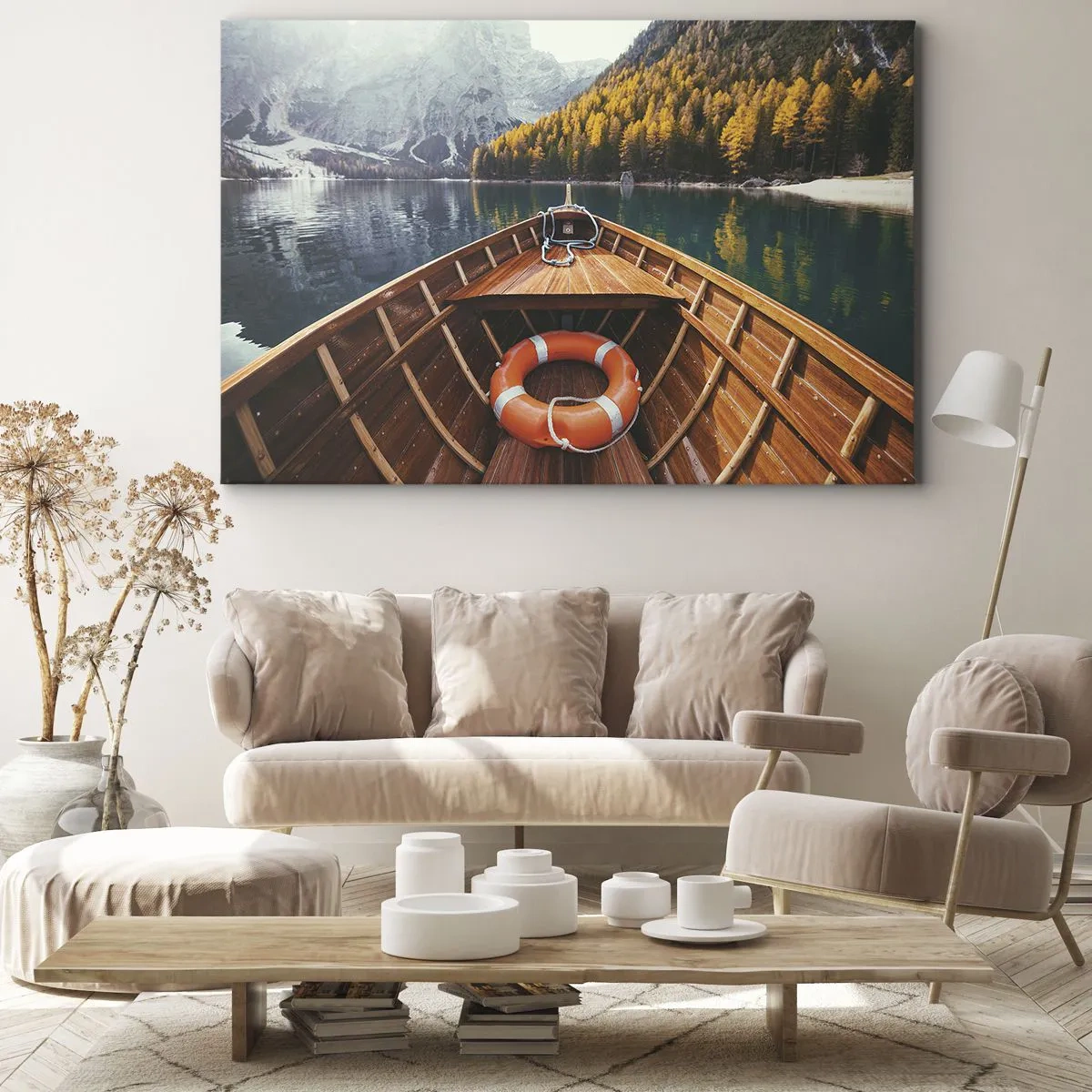 Canvas picture - A wooden boat on a mountain lake surrounded by forest - 70x50cm - Mountain Hike - Modern wall decoration for the living room and bedroom ARTTOR