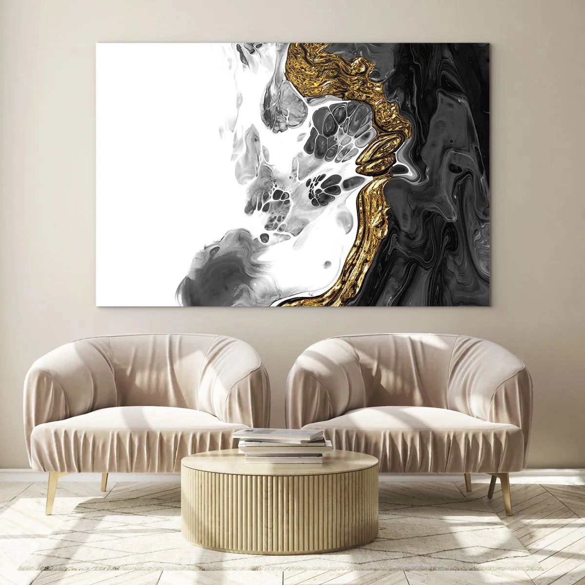 Glass picture - Abstract composition of black, white and gold - 70x50cm - Limited Composition - Modern wall decoration for the living room and bedroom ARTTOR