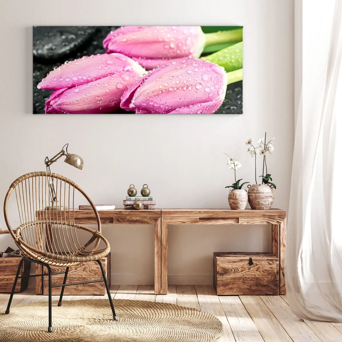Canvas picture - Three Lilacs on a Black Stone - 100x40 cm
