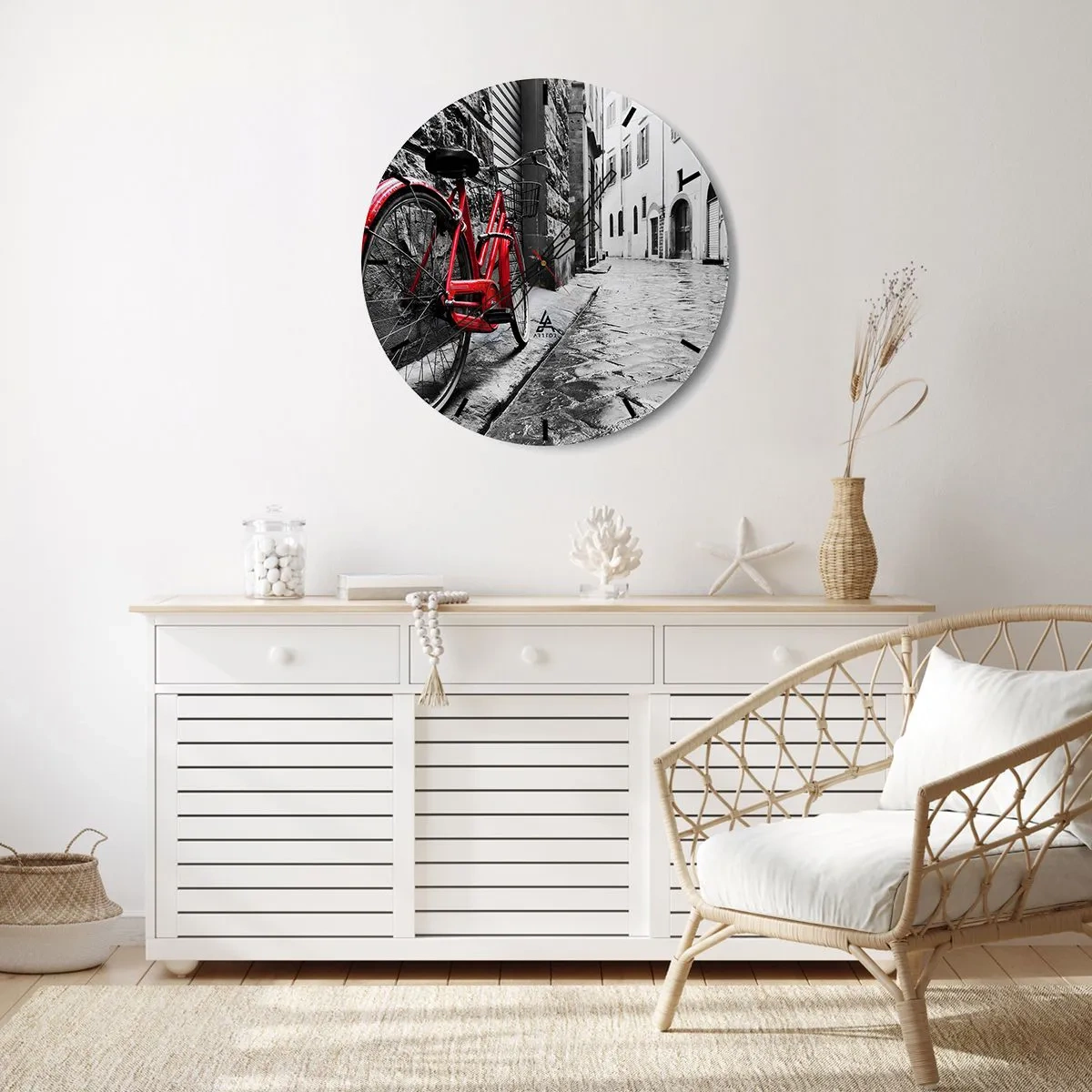 Wall clock - Clock on glass - A red bicycle against a black and white street - 30x30cm - Real Beauty Does Not Age - Modern wall decoration for the living room, kitchen, and bedroom ARTTOR