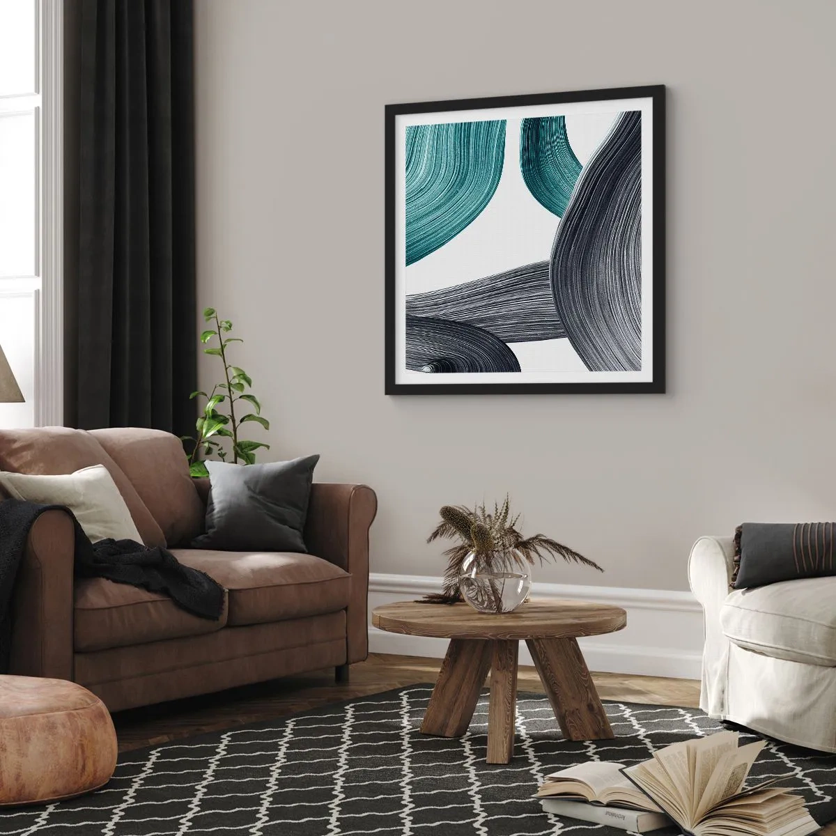 Poster in black frame - Emerald and Black Trails - 50x50 cm