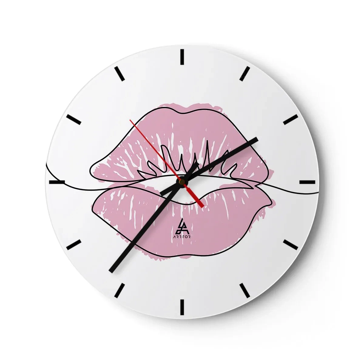 Wall clock - Clock on glass - Close-up of pink lips against a white clock - 30x30cm - Ready for a Kiss? - Modern wall decoration for the living room, kitchen, and bedroom ARTTOR