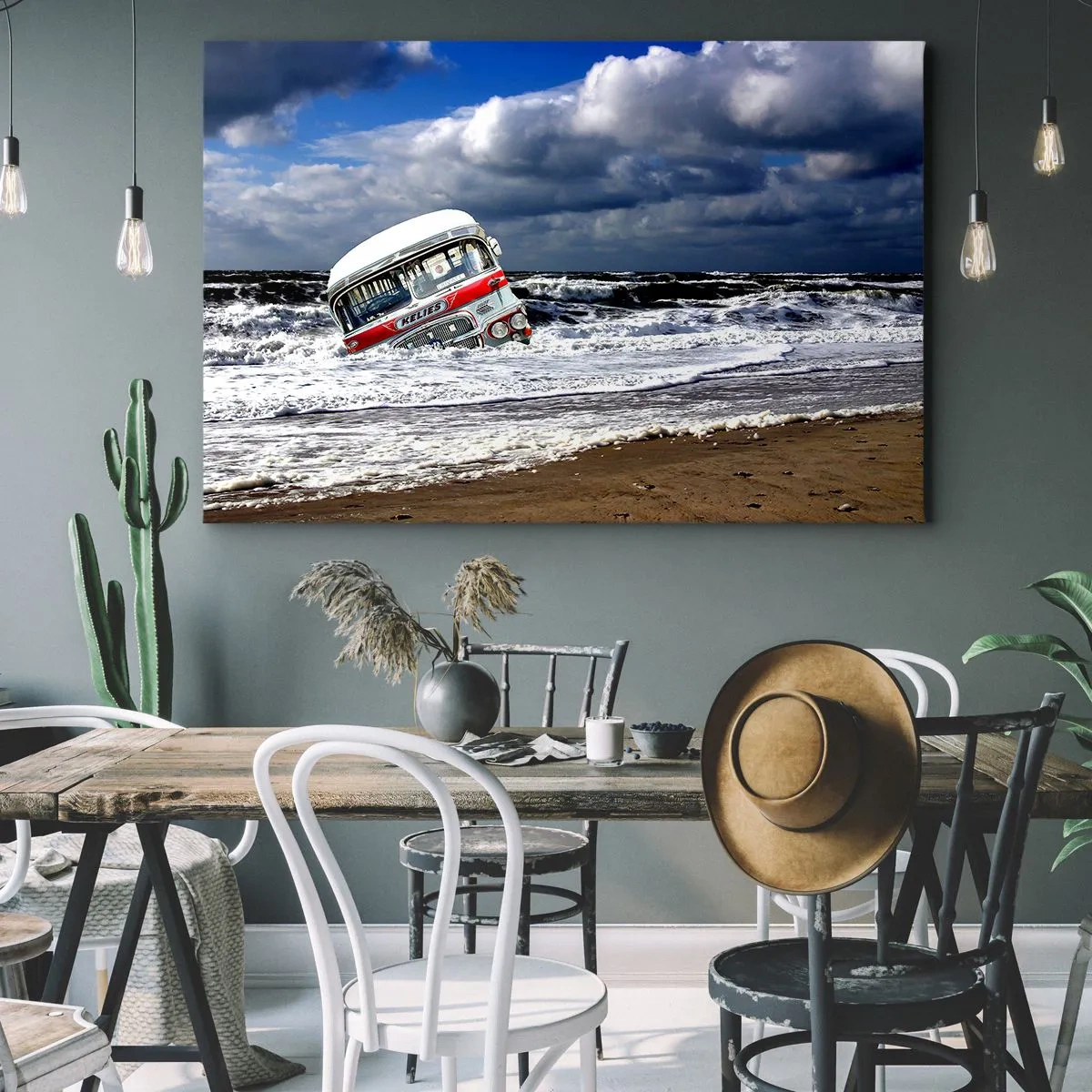 Canvas picture - A sunken bus on the beach amidst waves and rough seas - 70x50cm - Why Are You Surprised? - Modern wall decoration for the living room and bedroom ARTTOR