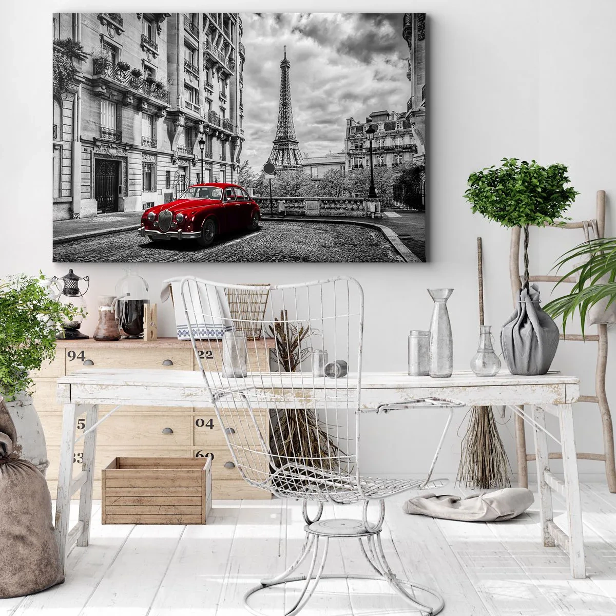 Canvas picture - A red car with the Eiffel Tower in the background in a black and white setting - 70x50cm - Predator in the City - Modern wall decoration for the living room and bedroom ARTTOR
