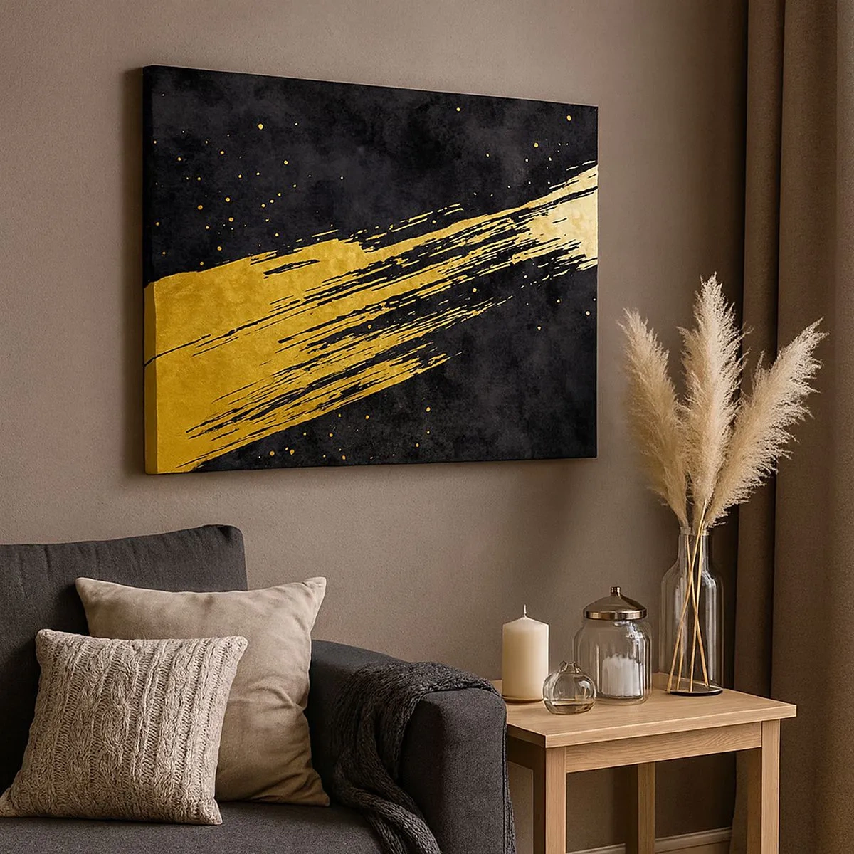 Canvas picture - Black background with dynamic gold brushstrokes - 70x50cm - Jump to the Outer Space - Modern wall decoration for the living room and bedroom ARTTOR