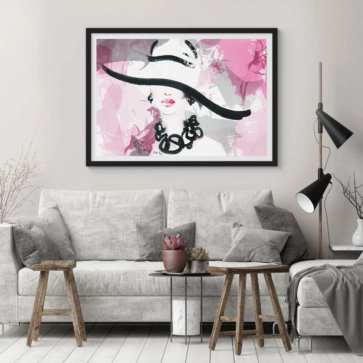 Poster in black frame - Portrait of a Lady in Black and Pink - 50x40 cm