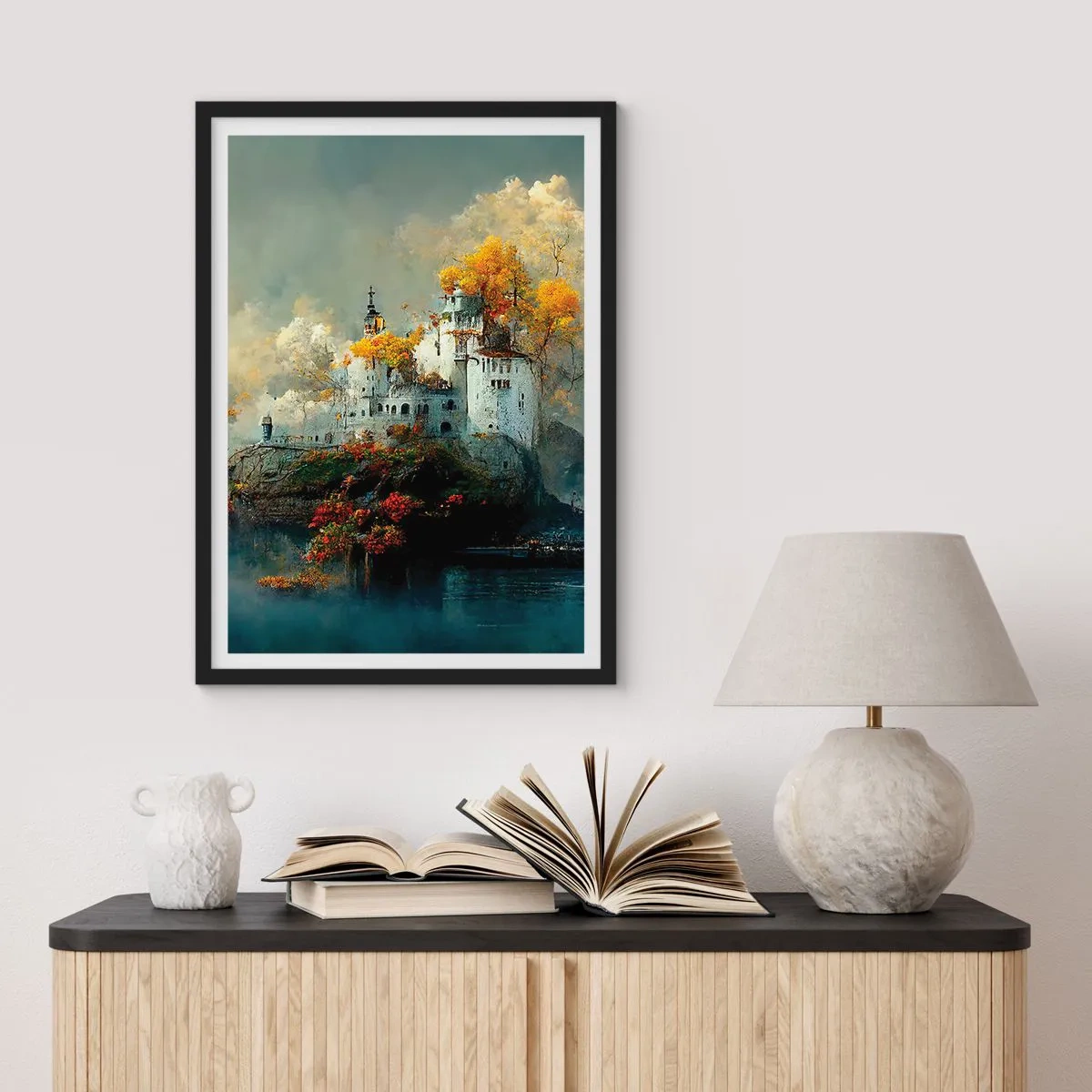 Poster in black frame - A castle on a rock surrounded by an autumn landscape - 50x70cm - Beginning of a Romantic Tale - Modern wall decoration for the living room and bedroom ARTTOR