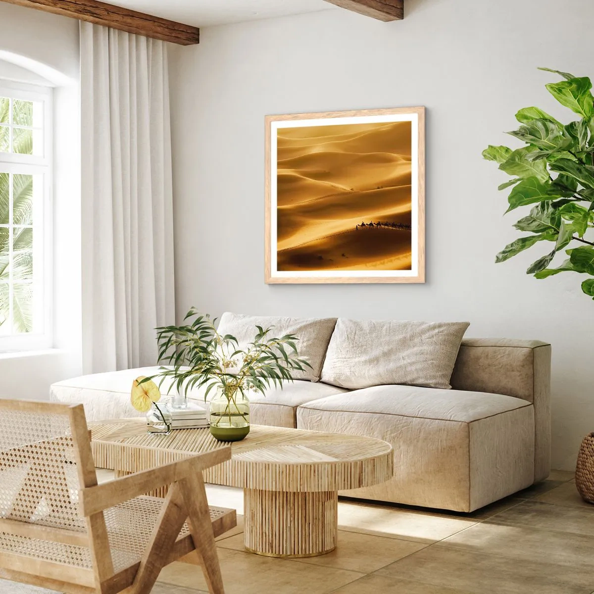 Poster in light oak frame - Caravan on the Waves of a Desert - 40x40 cm