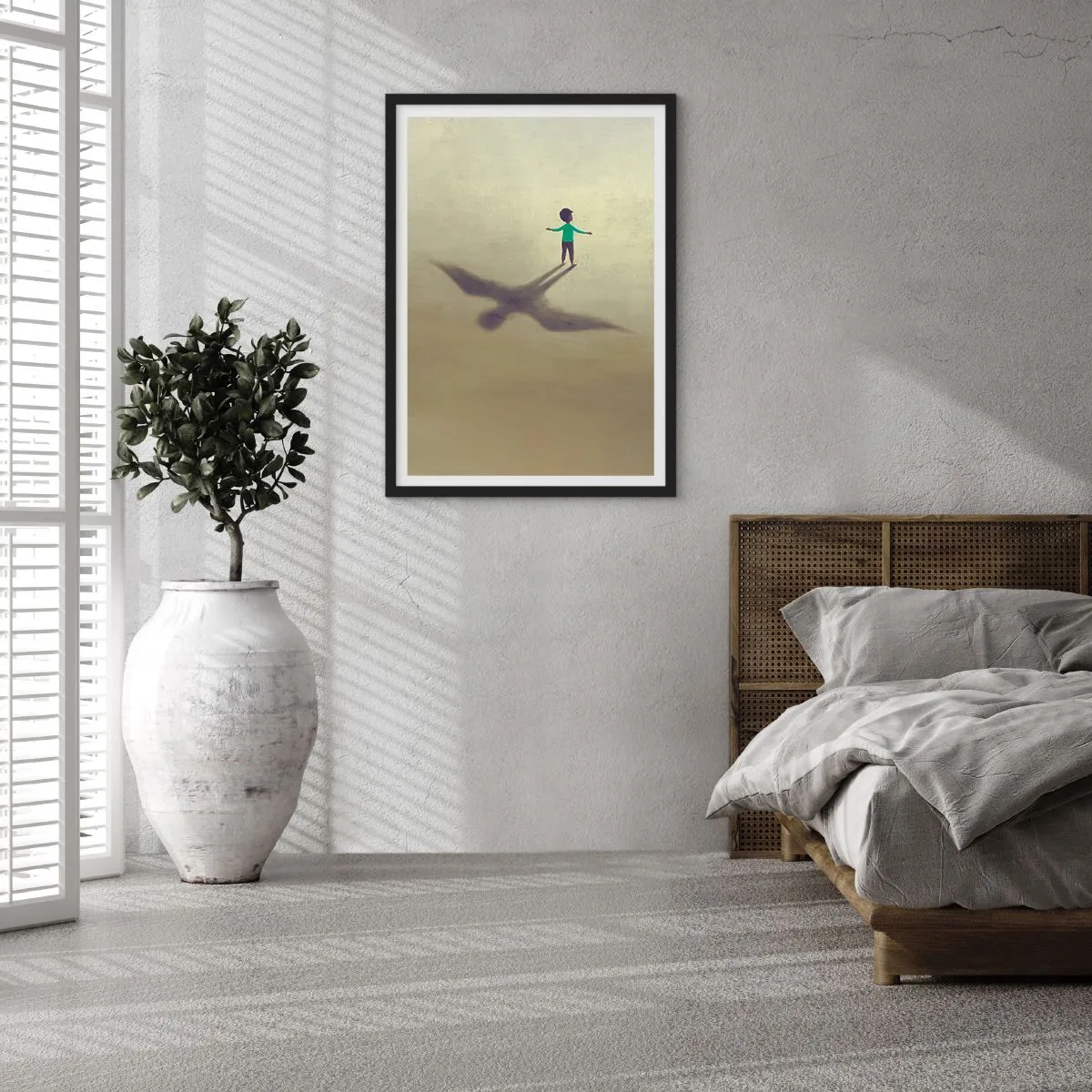 Poster in black frame - A child with a bird's shadow against a pastel sky - 50x70cm - Hero of the Future - Modern wall decoration for the living room and bedroom ARTTOR