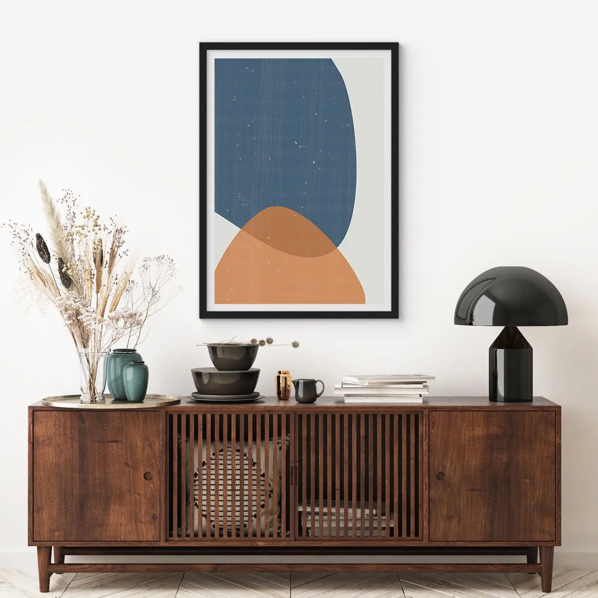 Poster in black frame - Geometry in shades of blue and beige - 50x70cm - Ovals and Intersections - Modern wall decoration for the living room and bedroom ARTTOR