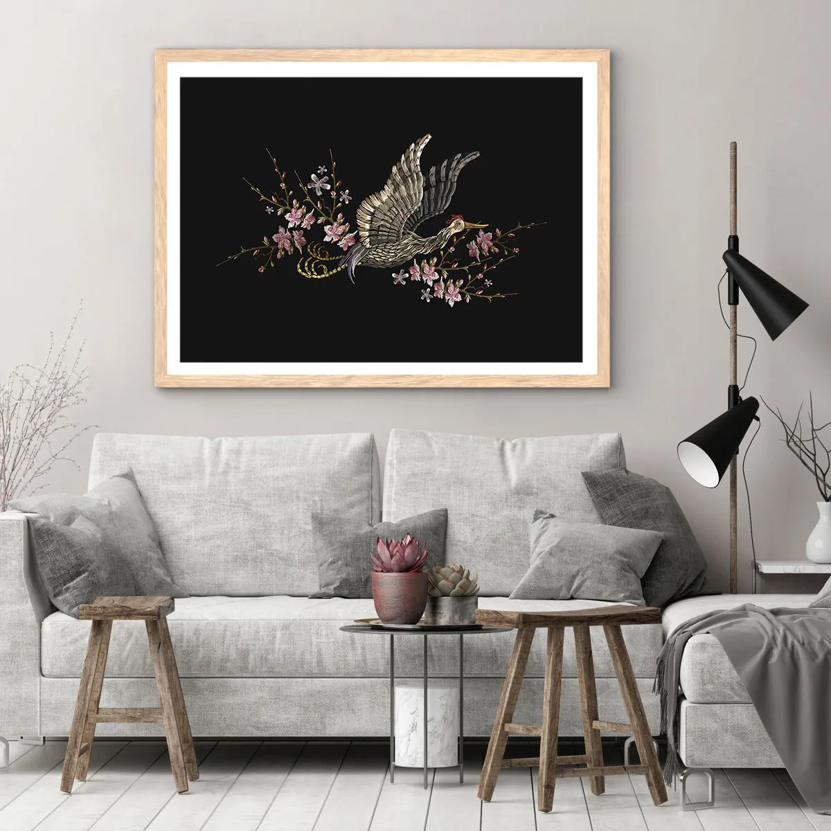 Poster in light oak frame - Exotic, Embroidered Bird - 50x40 cm