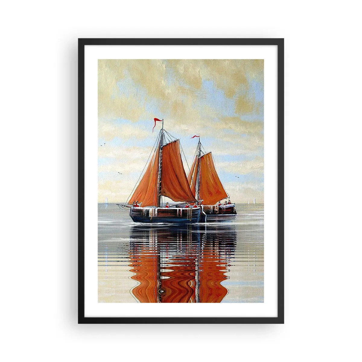 Poster in black frame - Sailboats on calm water with red sails - 50x70cm - Ahoy, Sailor, Sail… - Modern wall decoration for the living room and bedroom ARTTOR