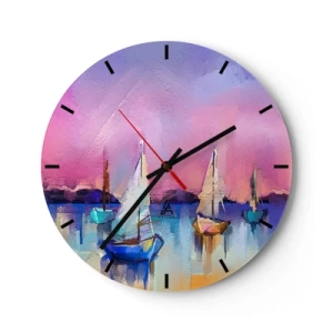 Wall clock - Clock on glass - Abstract marina with sailboats in pastel colors - 30x30cm - Direction: High Sees - Modern wall decoration for the living room, kitchen, and bedroom ARTTOR