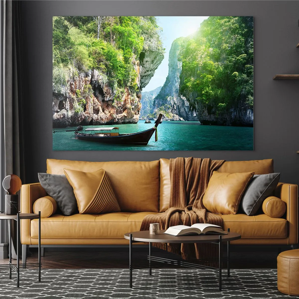 Glass picture - A traditional boat on turquoise water between cliffs - 70x50cm - Invitation for an Exotic Trip - Modern wall decoration for the living room and bedroom ARTTOR