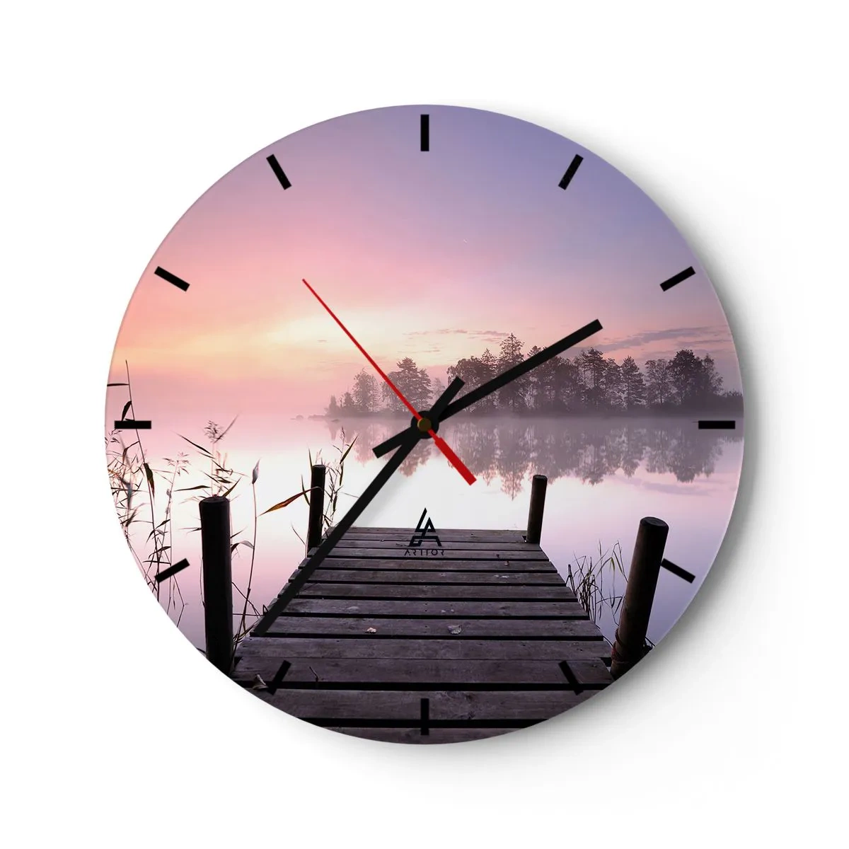 Wall clock - Clock on glass - A wooden jetty over a lake in the morning with a pastel sky - 30x30cm - Out from a Lilac Fog… - Modern wall decoration for the living room, kitchen, and bedroom ARTTOR
