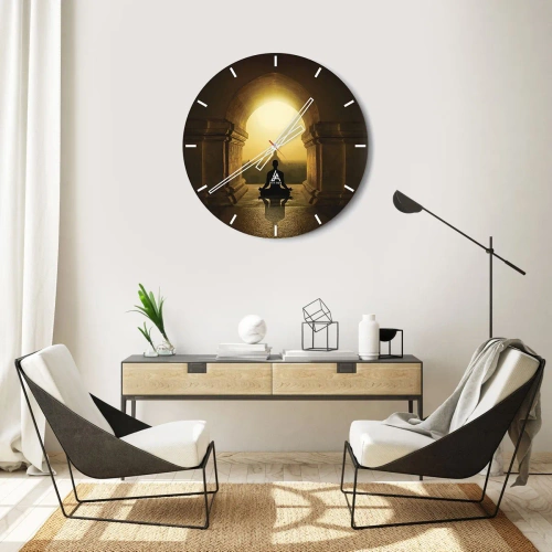 Wall clock - Clock on glass - Meditation in the golden light of the temple arch - 30x30cm - Full Harmony - Modern wall decoration for the living room, kitchen, and bedroom ARTTOR