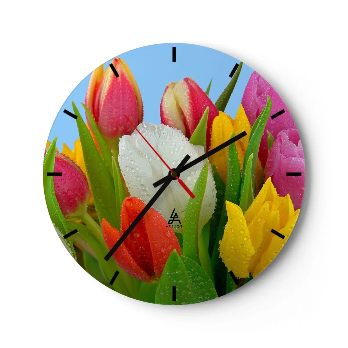 Wall clock - Clock on glass - Floral Rainbow in Dew Drops - 40x40 cm