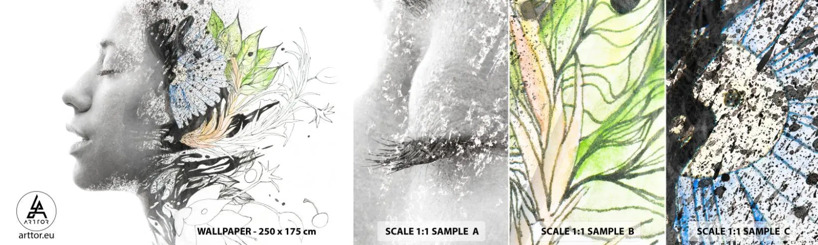 Photo Wallpaper Sample Self-Adhesive Deluxe Sticker - Immersed in Nature - Abstraction, Woman's Face, Flowers - 100x30 cm