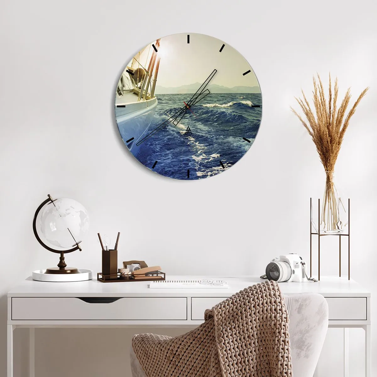 Wall clock - Clock on glass - A sailboat on a calm sea with a view of the mountains - 30x30cm - In Search of Adventure - Modern wall decoration for the living room, kitchen, and bedroom ARTTOR