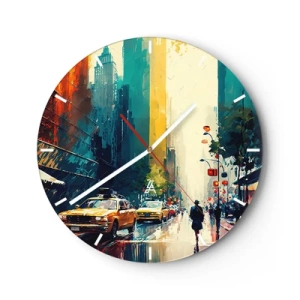 Wall clock - Clock on glass - A colorful New York street with taxis and pedestrians in the rain - 30x30cm - New York - Even Rain Is Colourful - Modern wall decoration for the living room, kitchen, and bedroom ARTTOR
