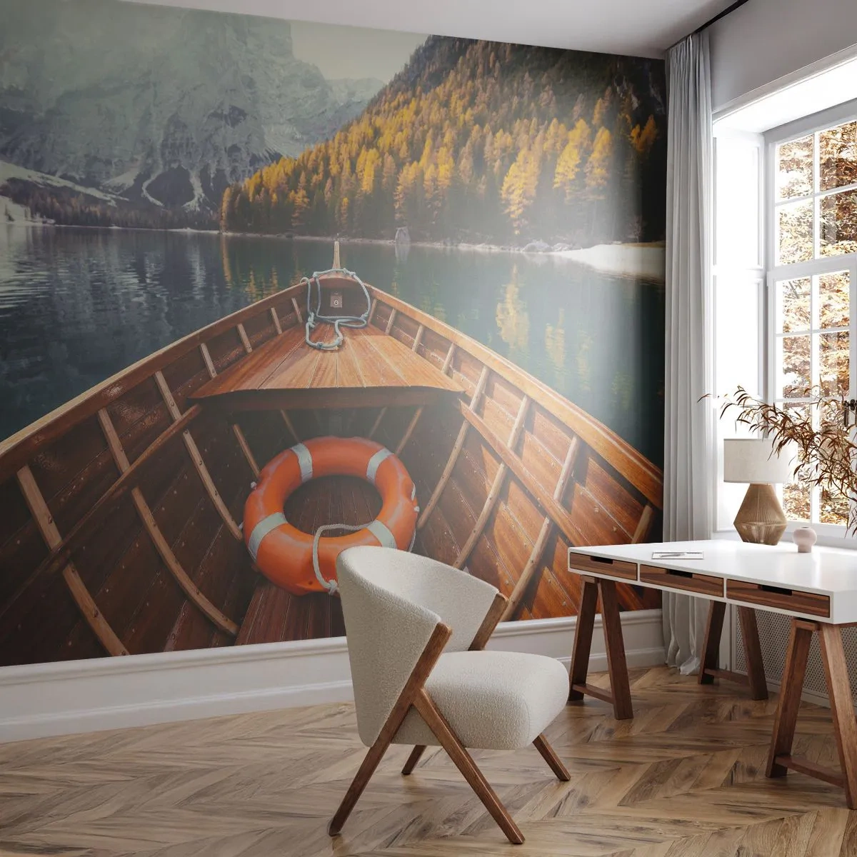Photo Wallpaper Standard Eco - View from a wooden boat of a lake surrounded by mountains and forest - 100x70cm - Mountain Hike - Modern wall decoration for the living room and bedroom ARTTOR