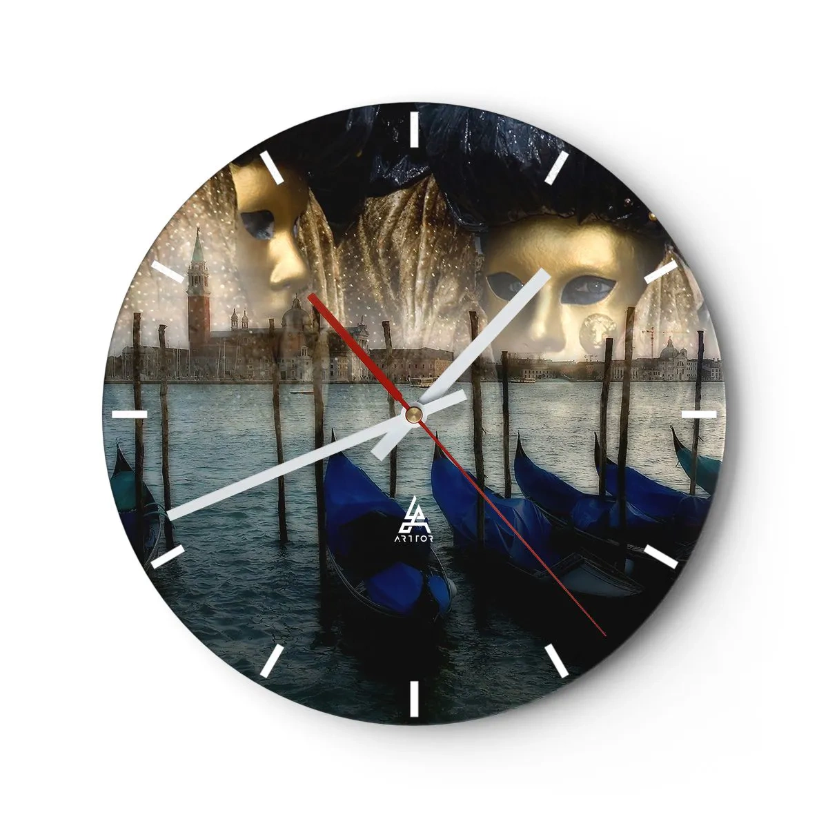 Wall clock - Clock on glass - Venetian masks against the background of a gondola and a canal - 30x30cm - Time to Start the Carnival - Modern wall decoration for the living room, kitchen, and bedroom ARTTOR