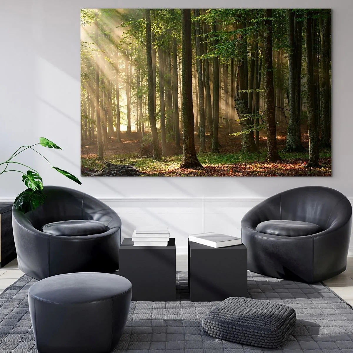 Glass picture - Sun rays shining through the trees in the forest - 70x50cm - Beaming in Spring Morning - Modern wall decoration for the living room and bedroom ARTTOR