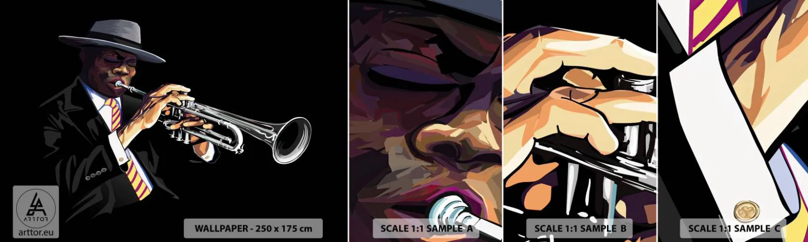 Photo Wallpaper Sample Self-Adhesive Deluxe Sticker - Charm of Old School - Music, Jazz, Trumpet - 100x30 cm