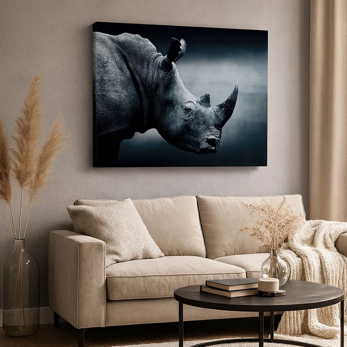Canvas picture - Black and white portrait of a rhinoceros against a dark background - 70x50cm - Right Profile - Modern wall decoration for the living room and bedroom ARTTOR