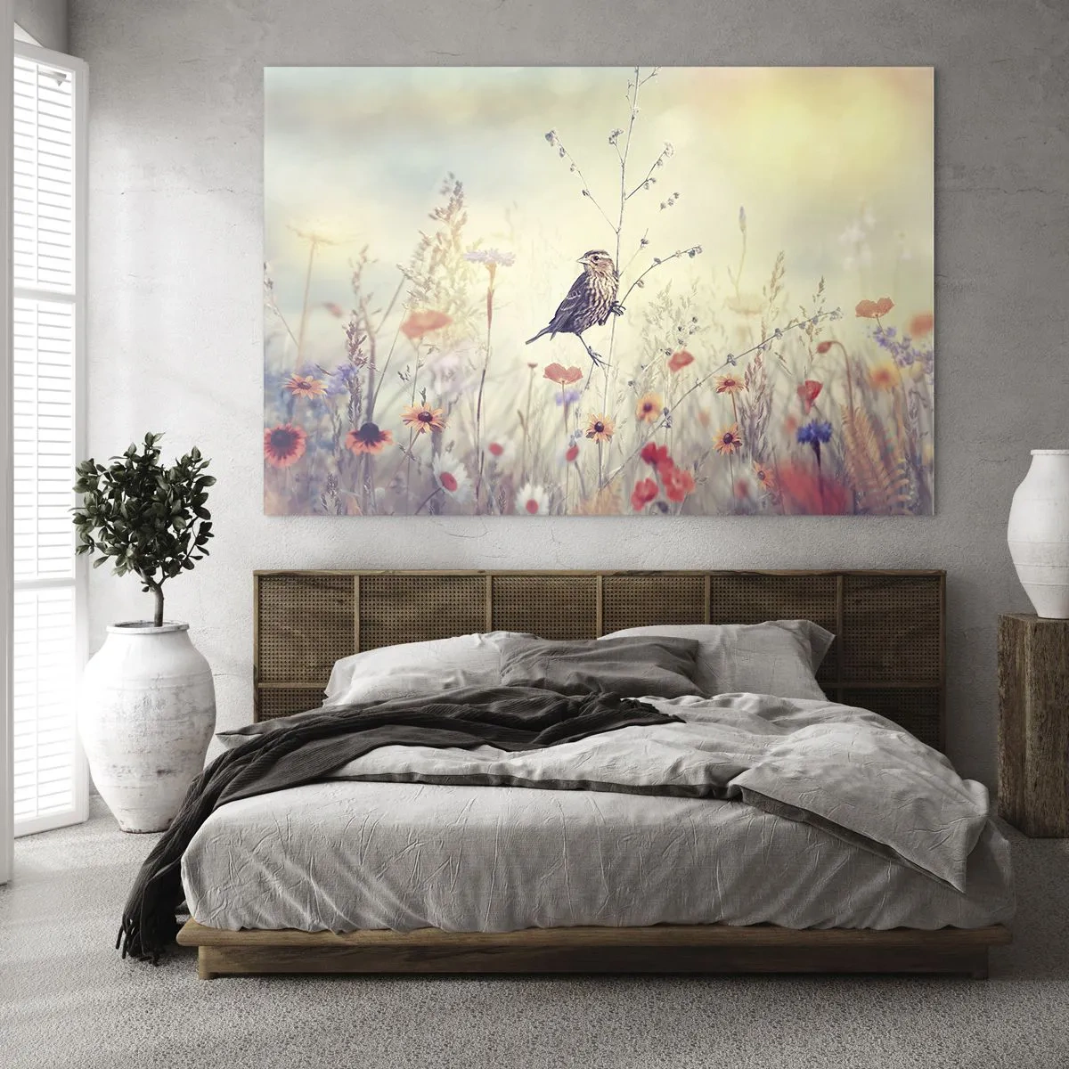 Glass picture - Bird Portrait with a Meadow in the Background - 100x70 cm